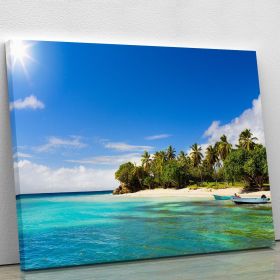 Art Caribbean Beach With Fishing Boat Canvas Print Or Poster (Type: Premium Framed Canvas Print, size: 16" x 12" / 42cm x 30cm (approx))