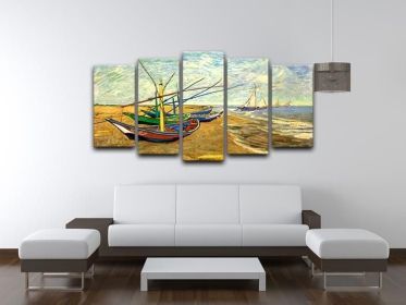 Fishing Boats On The Beach At Saintes-Maries By Van Gogh 5 Split Panel Canvas (Type: Standard Framed Canvas Print (Split-Panel), size: 84" x 40" / 214cm x 100cm (Approx))
