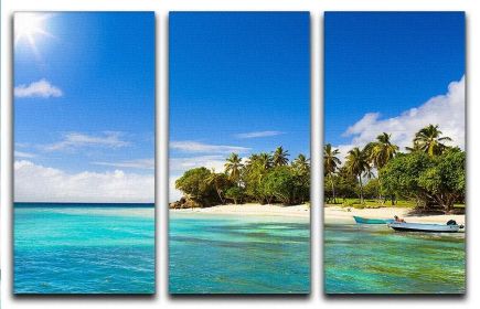 Art Caribbean beach with fishing boat 3 Split Panel Canvas Print (Type: Standard Framed Canvas Print (Split-Panel), size: Small (36" x 24" Total))