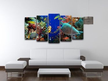 Tropical Anthias fish with net fire corals and shark on Red Sea reef 5 Split Panel Canvas (Type: Standard Framed Canvas Print (Split-Panel), size: 84" x 40" / 214cm x 100cm (Approx))